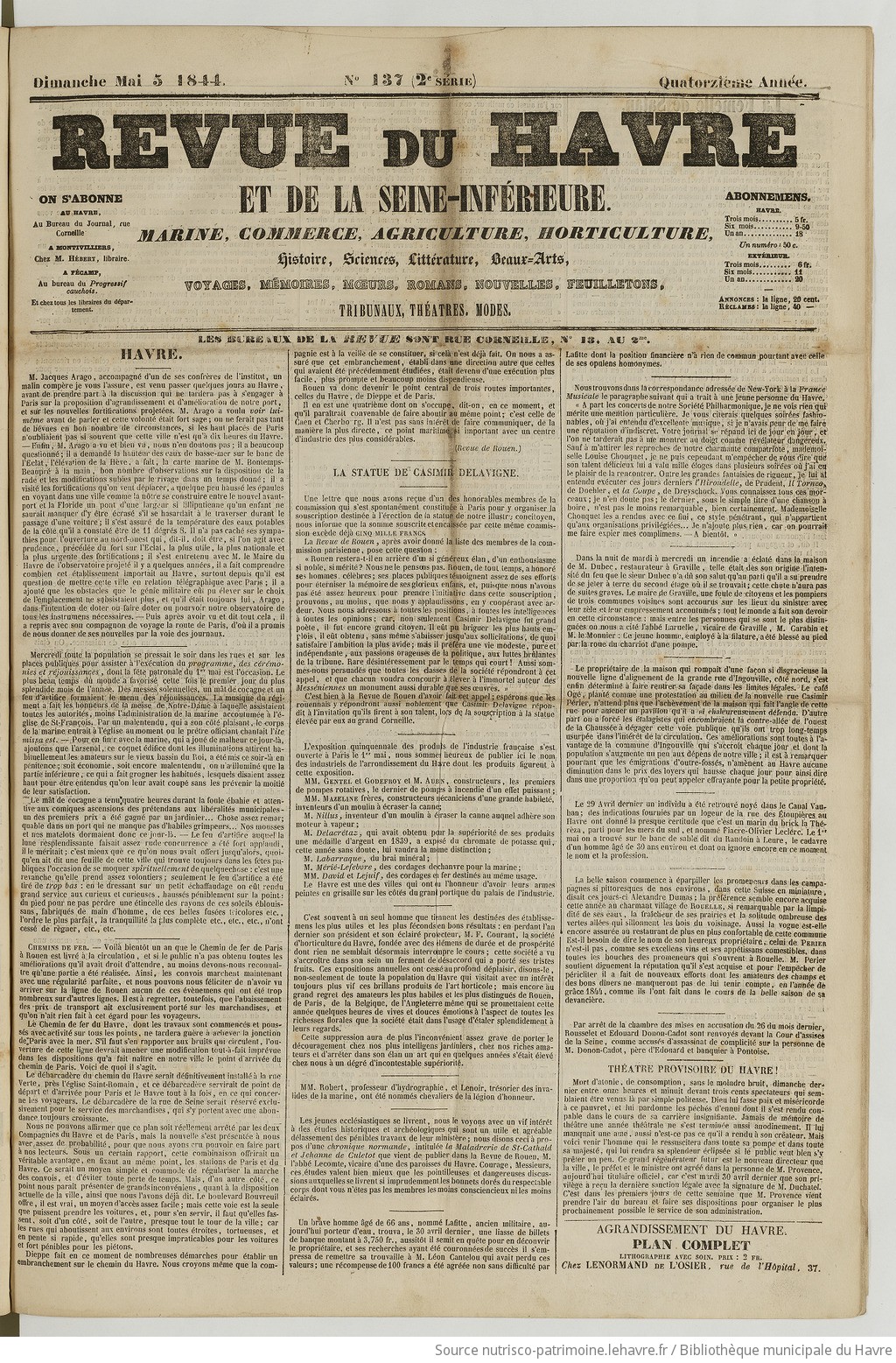 Revue du Havre et de la Seine-Inférieure : marine, commerce, agriculture, horticulture, histoire, sciences, littérature, beaux-arts, voyages, mémoires, mœurs, romans, nouvelles, feuilletons, tribunaux, théâtres, modes - vue 1 - page NP