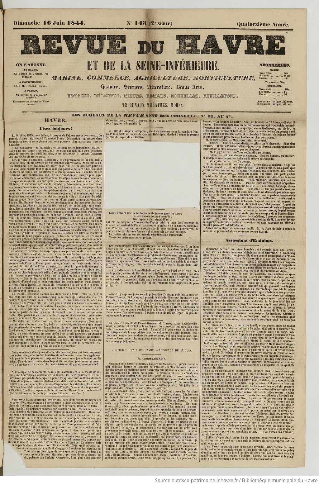 Revue du Havre et de la Seine-Inférieure : marine, commerce, agriculture, horticulture, histoire, sciences, littérature, beaux-arts, voyages, mémoires, mœurs, romans, nouvelles, feuilletons, tribunaux, théâtres, modes - vue 1 - page NP