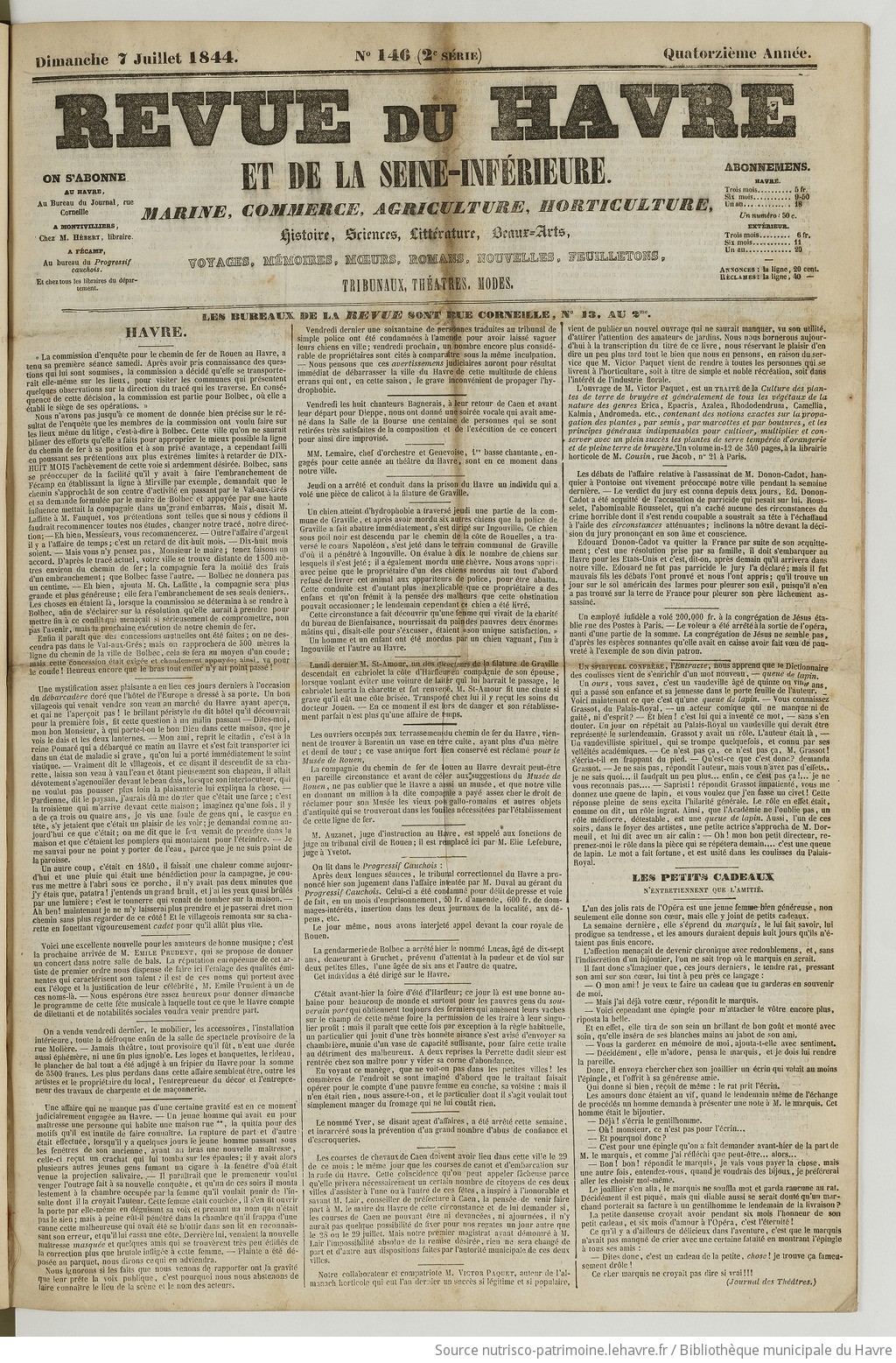 Revue du Havre et de la Seine-Inférieure : marine, commerce, agriculture, horticulture, histoire, sciences, littérature, beaux-arts, voyages, mémoires, mœurs, romans, nouvelles, feuilletons, tribunaux, théâtres, modes - vue 1 - page NP