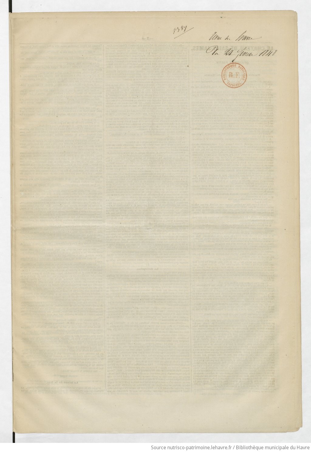 Revue du Havre et de la Seine-Inférieure : marine, commerce, agriculture, horticulture, histoire, sciences, littérature, beaux-arts, voyages, mémoires, mœurs, romans, nouvelles, feuilletons, tribunaux, théâtres, modes - vue 1 - page NP