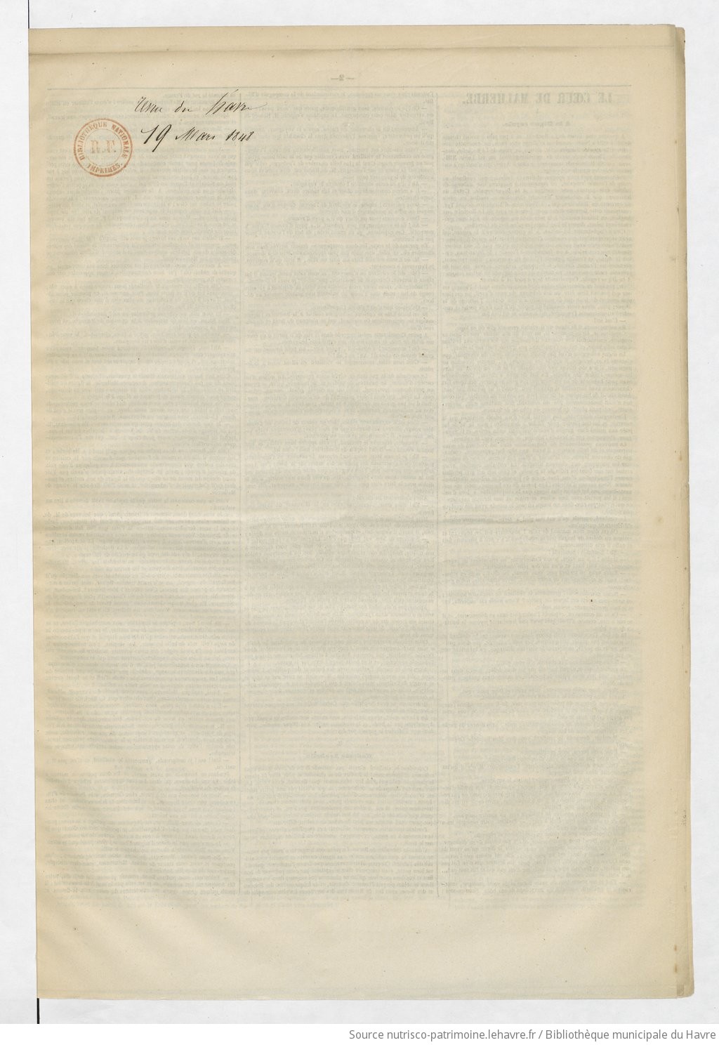 Revue du Havre et de la Seine-Inférieure : marine, commerce, agriculture, horticulture, histoire, sciences, littérature, beaux-arts, voyages, mémoires, mœurs, romans, nouvelles, feuilletons, tribunaux, théâtres, modes - vue 1 - page NP