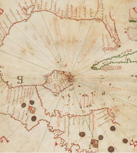 Le Yucatan représenté comme une île dans le golfe du Mexique Jaume Olives ( ?), Atlas portulan du Havre, 1535-1547 Le Havre, Bibliothèque municipale, Ms 243, f. 11